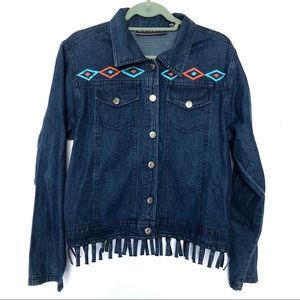Vintage Southwestern Embroidered Boho Fringe Denim Jacket